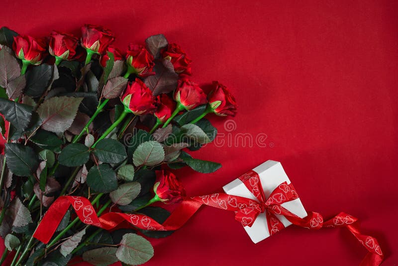 Top view fresh red rose flower and gift box on red deck with empty space for design. For love or valentine day concept. Top view. Copy space. Still life. Flat lay. Top view fresh red rose flower and gift box on red deck with empty space for design. For love or valentine day concept. Top view. Copy space. Still life. Flat lay