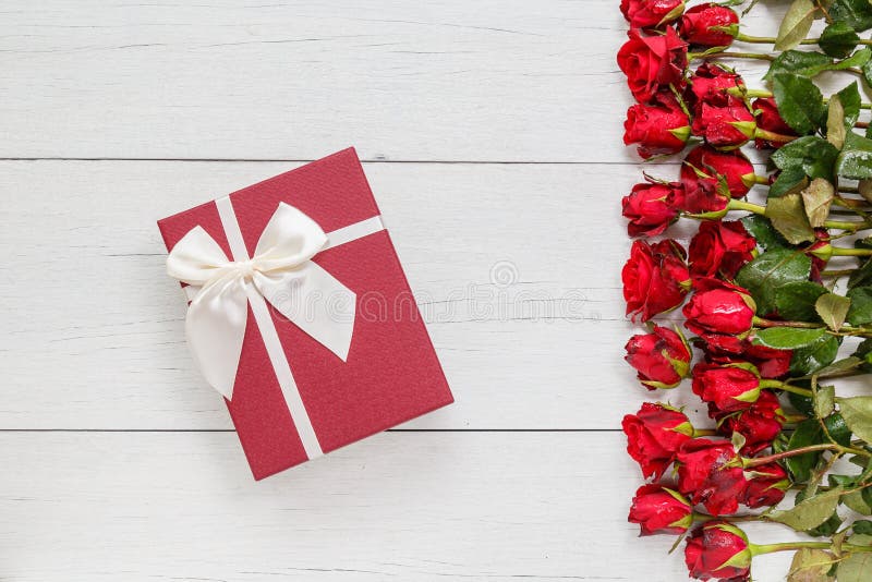 Top view fresh red rose flower and gift box on white wooden deck with empty space for design. For love or valentine day concept. Top view fresh red rose flower and gift box on white wooden deck with empty space for design. For love or valentine day concept