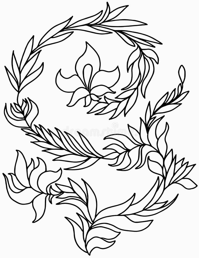 Fiore di fantasia con la curva del gambo e del fogliame fertile illustrazione di stock Fiore di fantasia con la curva del gambo e del fogliame fertile illustrazione di stock