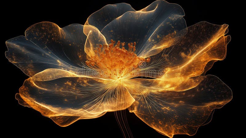 Fiore eereale dorato che si illumina su fondo nero. design floreale mistico. immagine in stile xray. bellezza astratta. fragile lu illustrazione di stock