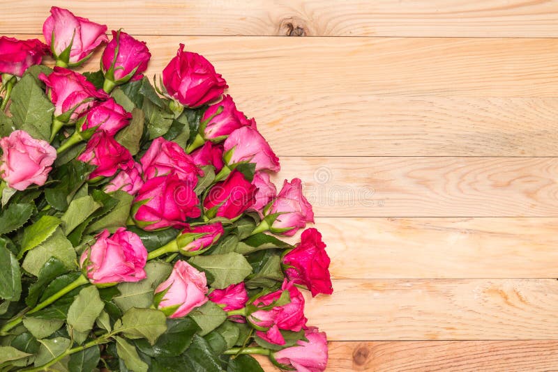 Top view fresh pink rose flower on wooden deck. For love or valentine day concept. Top view fresh pink rose flower on wooden deck. For love or valentine day concept