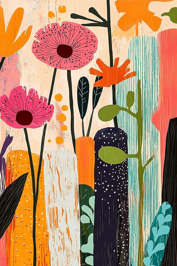 Fiori astratti colorati boho floral wall art stile verticale stile midCentury royalty illustrazione gratis