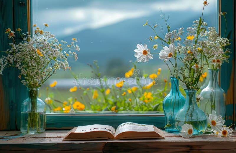 Fiori bianchi in vasi blu su un davanzale con libro aperto immagine stock