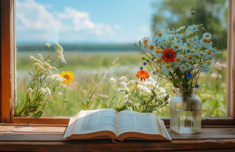 Fiori bianchi in vasi blu su un davanzale con libro aperto immagini stock