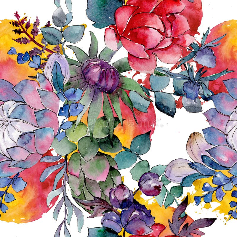 Fiori botanici floreali succulenti di Bouqet Insieme dell'illustrazione del fondo dell'acquerello Modello senza cuciture del fond