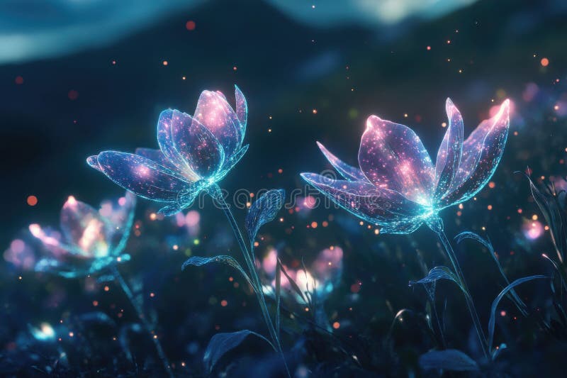 Fiori brillanti magici in una notte sognata. illustrazione vettoriale