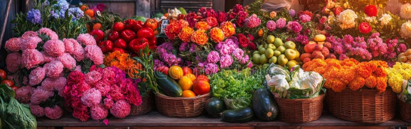 Fiori colorati brillantemente fioriscono accanto a frutta e verdura fresca in un vivace mercato primaverile. spaccio immagini stock libere da diritti