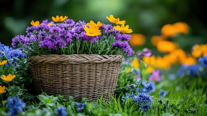 Fiori colorati in una scena di giardinaggio di cesti. Fiori colorati in un paniere di giardinaggio a canestro in cui si trova il giardino vivace sottofondo Generative AI