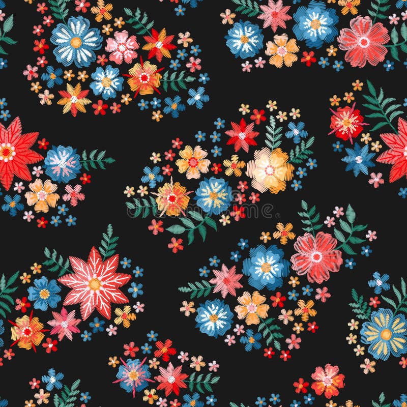 Fiori del ricamo Modello senza cuciture di Ditsy con i mazzi ricamati luminosi su fondo nero royalty illustrazione gratis Fiori del ricamo Modello senza cuciture di Ditsy con i mazzi ricamati luminosi su fondo nero royalty illustrazione gratis