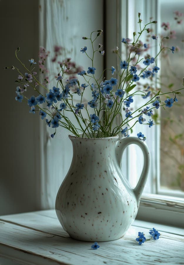 Fiori dimenticati disposti all'interno di una pentola bianca visualizzata da una finestra fotografia stock libera da diritti