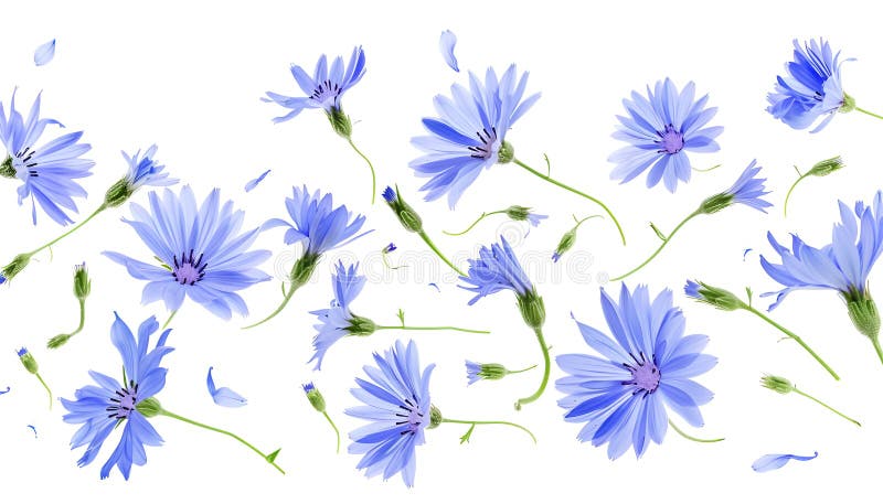 Fiori e foglie di cicoria blu freschi volanti isolati su bianco illustrazione vettoriale