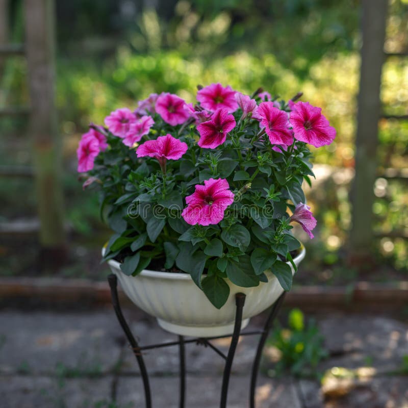 Fiori rosa della petunia in vaso in giardino fotografie stock libere da diritti Fiori rosa della petunia in vaso in giardino fotografie stock libere da diritti