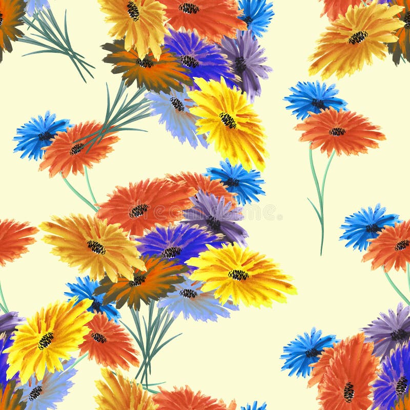 Fiori rossi dell'acquerello senza cuciture del modello, gialli, blu selvaggi sui precedenti gialli illustrazione vettoriale Fiori rossi dell'acquerello senza cuciture del modello, gialli, blu selvaggi sui precedenti gialli illustrazione vettoriale
