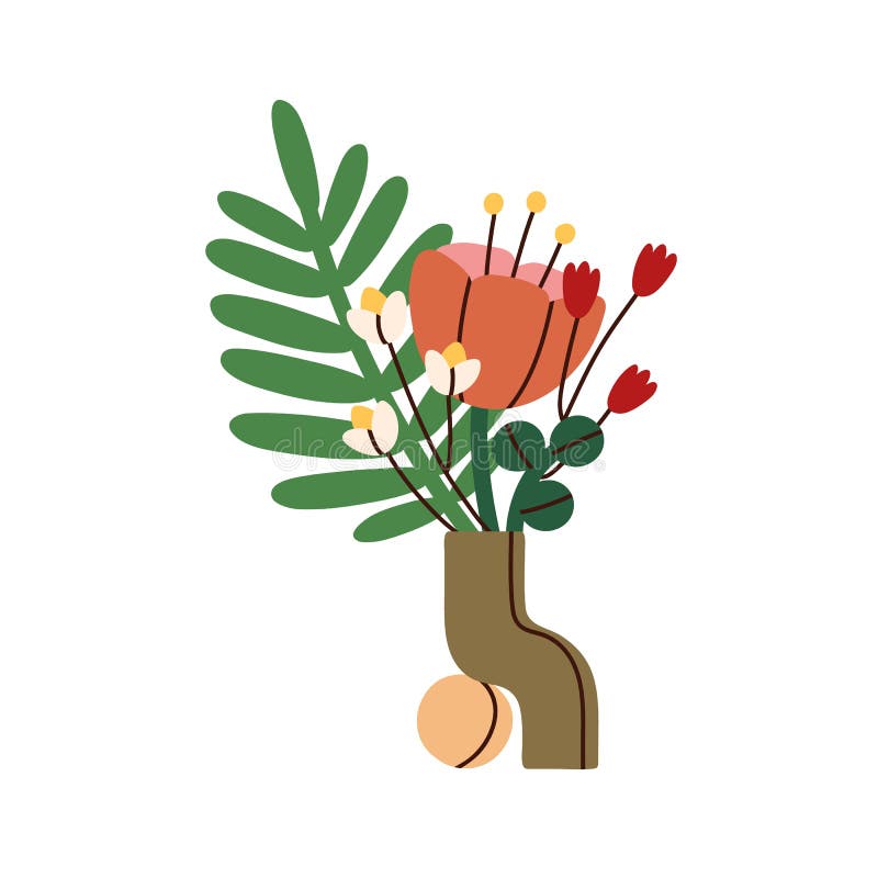 Fiori sbocciati nel vaso moderno. floreale di primavera, regalo romantico. posa di piante aromatiche tagliate. giardino fresco illustrazione di stock