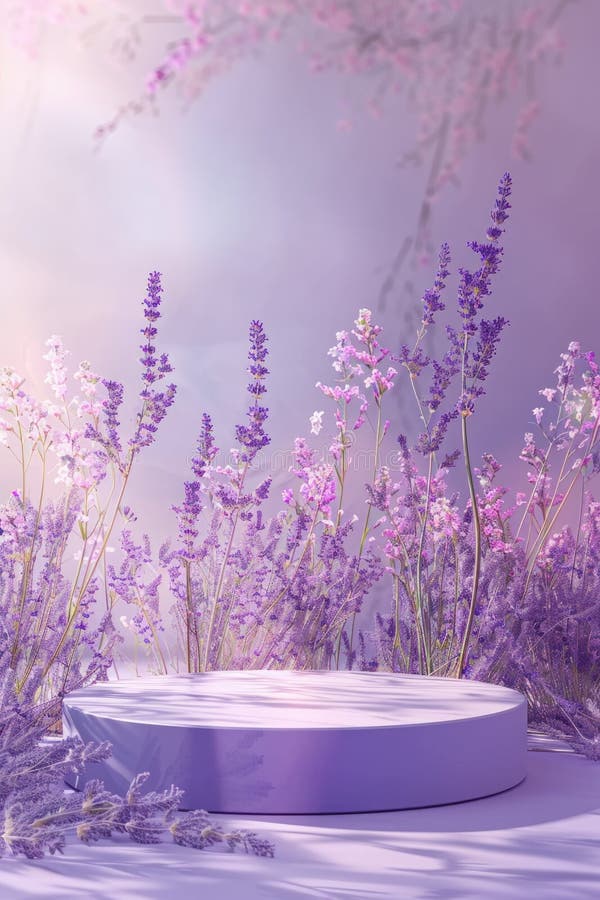 Fiori viola intorno a una piattaforma bianca immagine stock libera da diritti