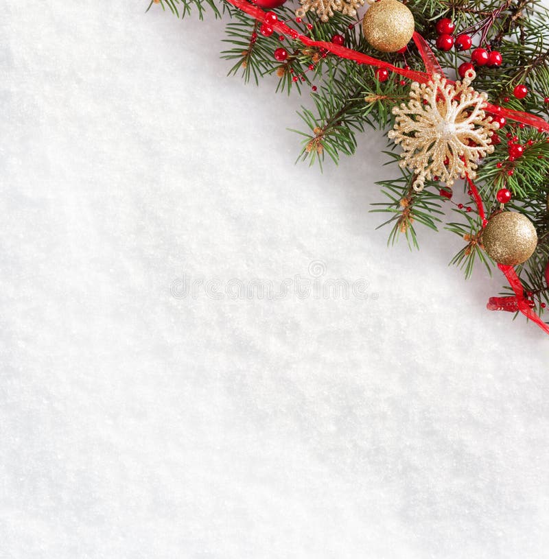 Fir Branch with Christmas Decorations on Old Wooden Shabby Background ...