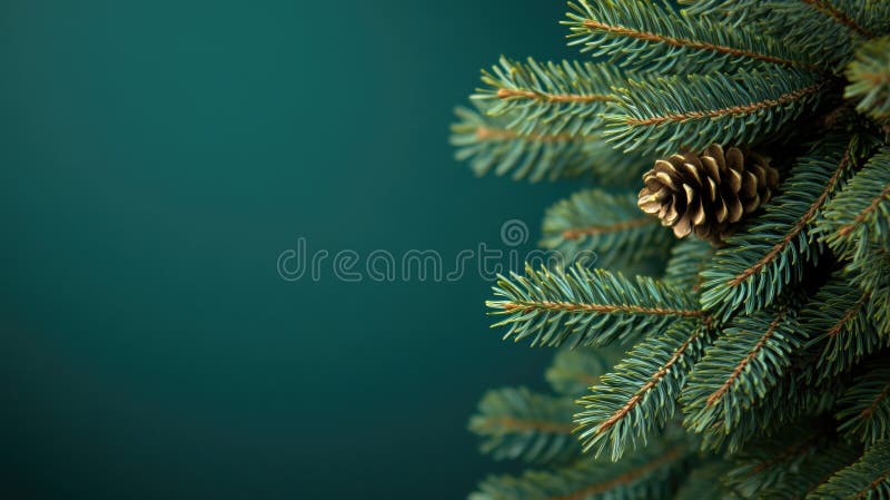 Fir tree branch with pine cone on green background: minimalist nature close-up. Merry Christmas, Nativity, Xmas, Noel