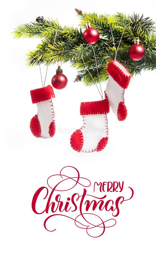 Fir tree decorated and boots Santa Claus with text Merry Christmas. Calligraphy lettering