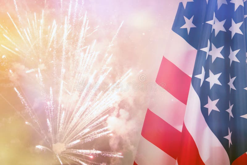 Celebrating Independence Day. United States of America USA flag with fireworks background for 4th of July. Celebrating Independence Day. United States of America USA flag with fireworks background for 4th of July