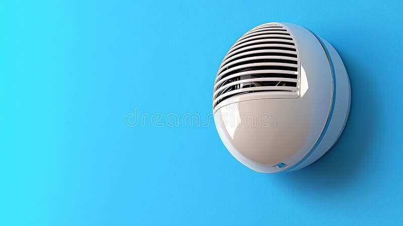 Fire alarm manual system. modern photoelectric fire detector mounted on blue wall, showcasing its sleek design and functionality. stock illustration