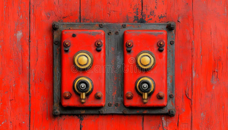 Fire alarm manual system. Fire protection device mounted on vibrant red wooden wall, featuring two brass knobs and rugged metal royalty free illustration