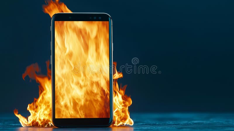 Fire alarm manual system. smartphone surrounded by flames, symbolizing fire alert and danger. intense fire effect highlights stock illustration