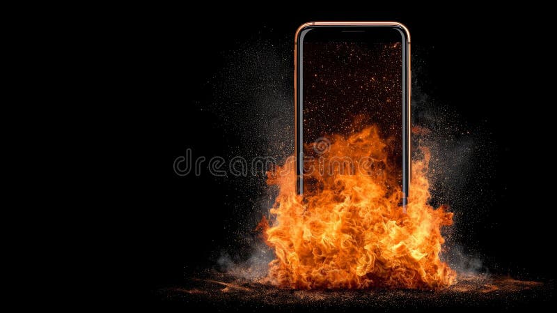 Fire alarm manual system. smartphone surrounded by flames, symbolizing fire alert and danger. intense fire and smoke create royalty free illustration
