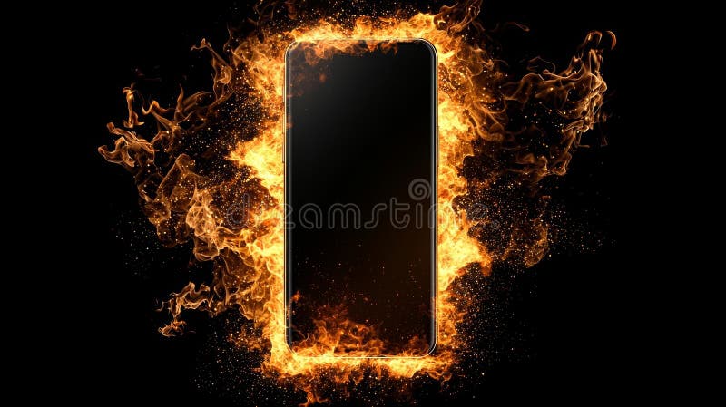 Fire alarm manual system. smartphone surrounded by flames, symbolizing fire alerts and emergencies. intense flames create dramatic royalty free illustration