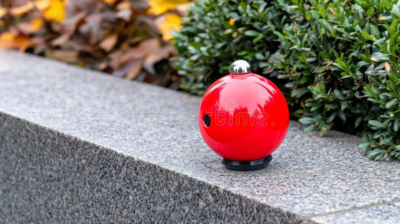 Fire alarm manual system. vibrant red fire alarm sits on stone surface, surrounded by greenery, showcasing its sleek design and stock illustration