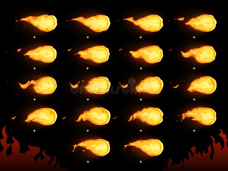 Fire ball. Animated flaming fireball, hot flying flame and warm fireballs 2d animation frames isolated vector cartoon