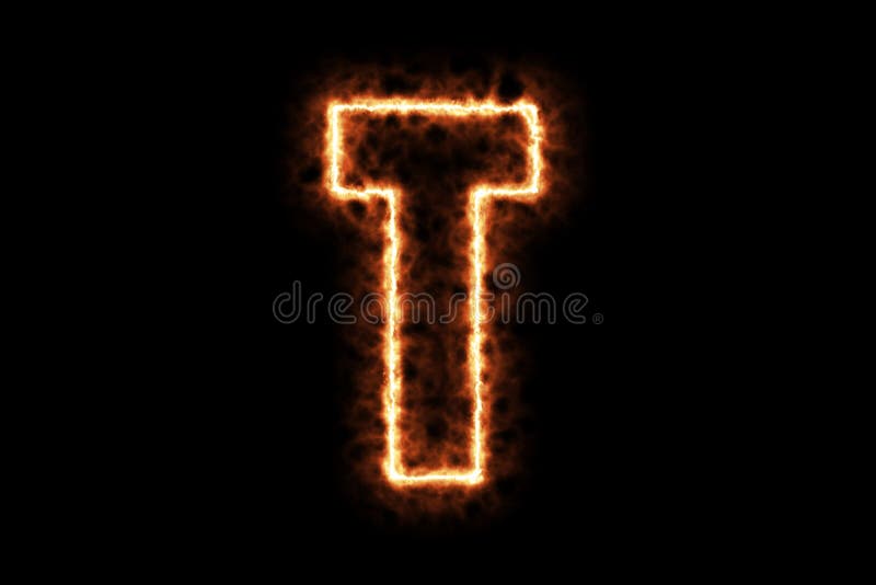 Fire burning forming letter T, capital English alphabet text character isolated on black background. 3d rendering illustration. Hot framing ignition and smoke with sign symbol