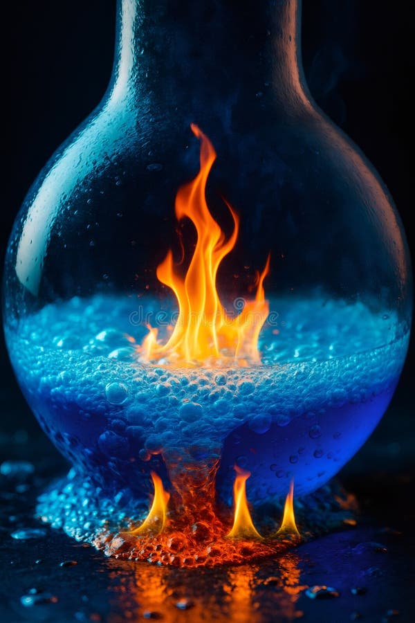 Fire burning inside and outside a laboratory glass flask with blue liquid stock illustration