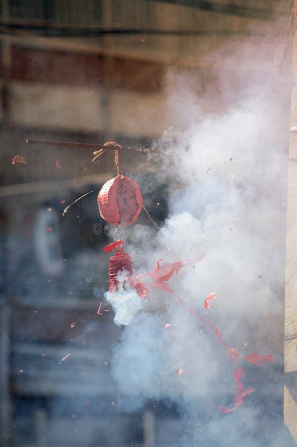 Fire caused by firecrackers at Chinese traditions and Customs.