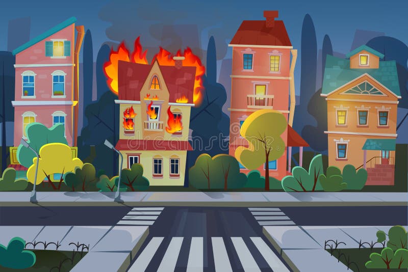 Fire city concept flat cartoon vector illustration. Town living house panorama with burning building