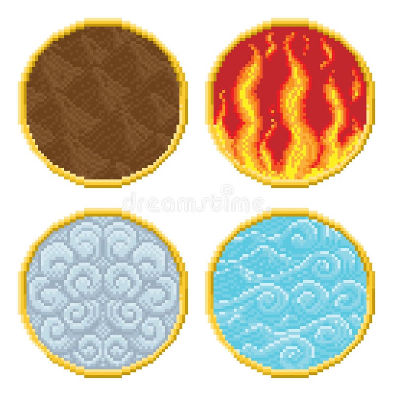 Elementos de pixel art fogo, água, terra, vento, ícones de jogos de bits em  fundo branco