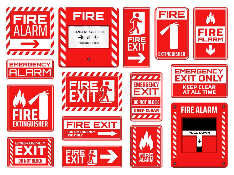 Fire emergency exit, extinguisher and alarm signs vector illustration