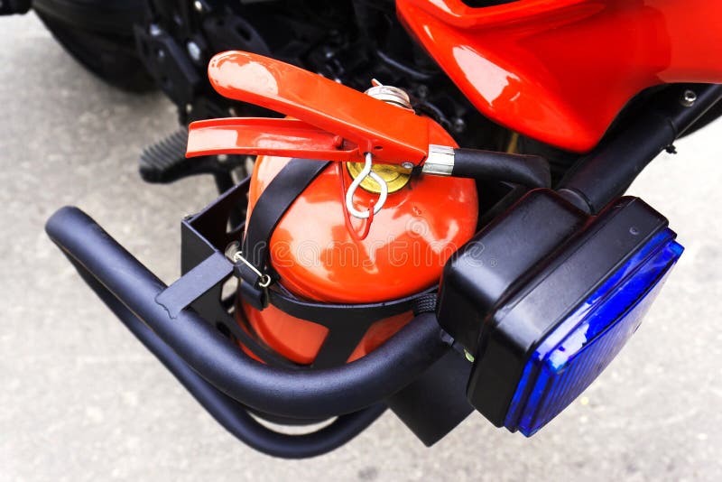 Fire Extinguisher on a Special Motorcycle To Extinguish the Fire. Close