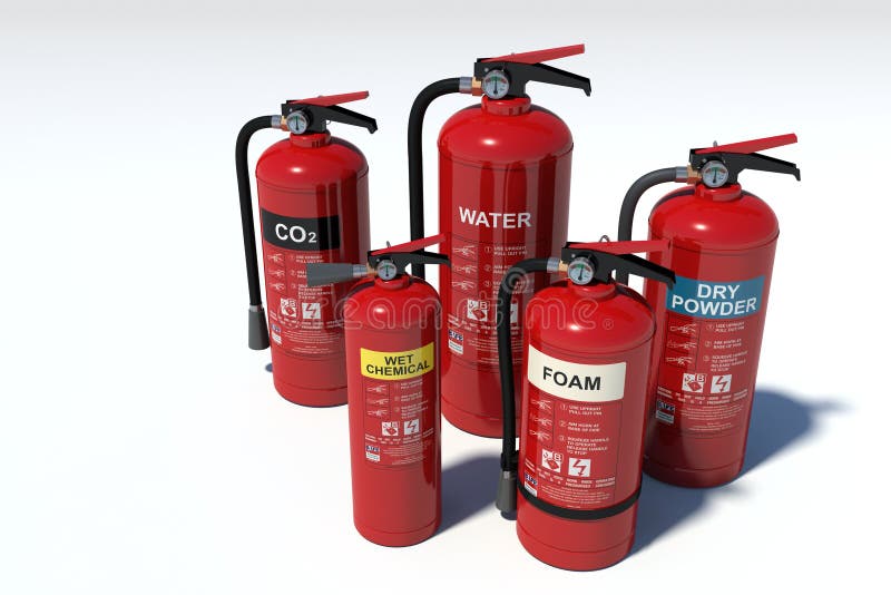 Fire extinguishers group - various types royalty free stock photography