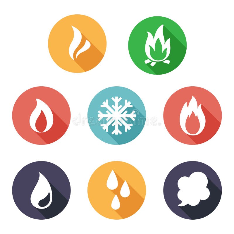 Fire, freeze, steam, water icons. Flat style