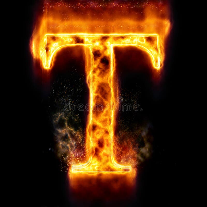 Fire letter T. Burning alphabet set.