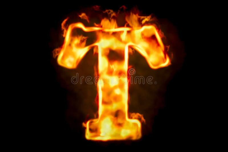 Fire letter T of burning flame light, 3D rendering isolated on black background
