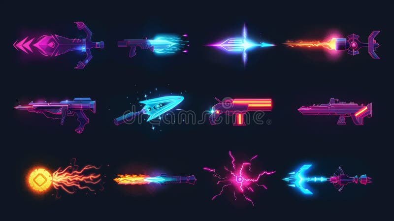 Fire, lightning, power rays, magical explosions and trails of spells and rays. Modern cartoon set of futuristic weapon royalty free stock photos