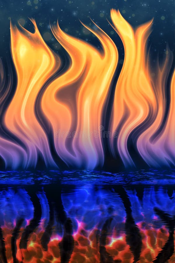 Un'illustrazione di fuoco, fiamme ardenti sulla superficie delle onde d'acqua con il riflesso del fuoco in azzurro liquido.