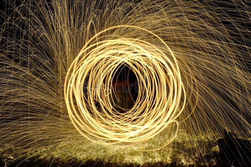 Fire Poi, Flaming Steel Wool Spinning Stock Photo Image of landscape