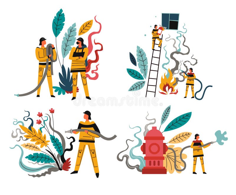 Fire rescue team, firefighters with hose and hydrant, isolated icons vector illustration Fire rescue team, firefighters with hose and hydrant, isolated icons vector illustration