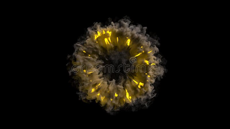 Fire ring with smoke, isolated on black background. Fire flame blow. Circle of flaming fire with black hole on dark