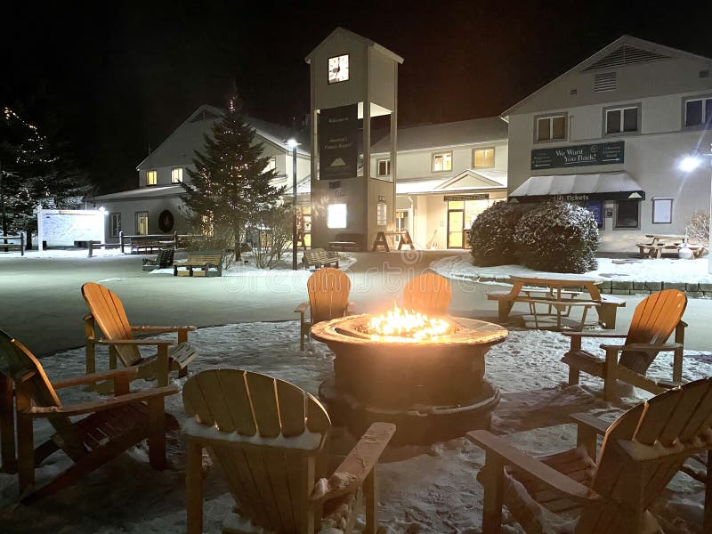 Fire rink and empty chairs at Smugglers Notch ski resort