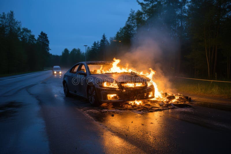A Fire on the Road Where the Car Burns after Accident Stock