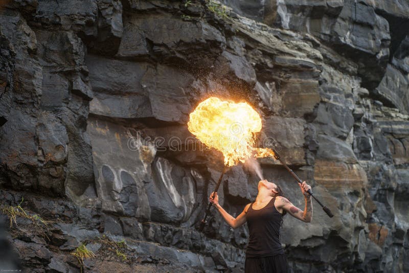 Fire Show Fire Breather Large Plume Of Flame Stock Photo Image Of