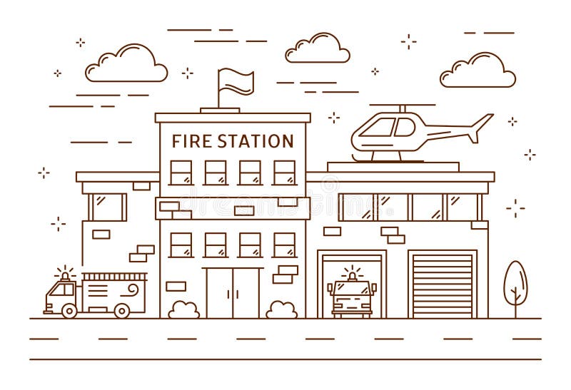 Fire Station Building With Emergency Vehicle Fire Engine Truck . Stock